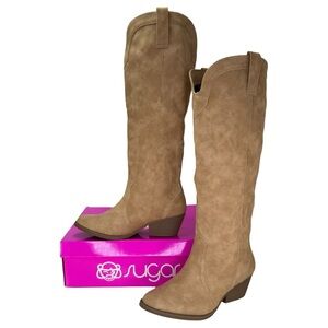 Sugar Taupe Suede Knee-High Western-Inspired Boots